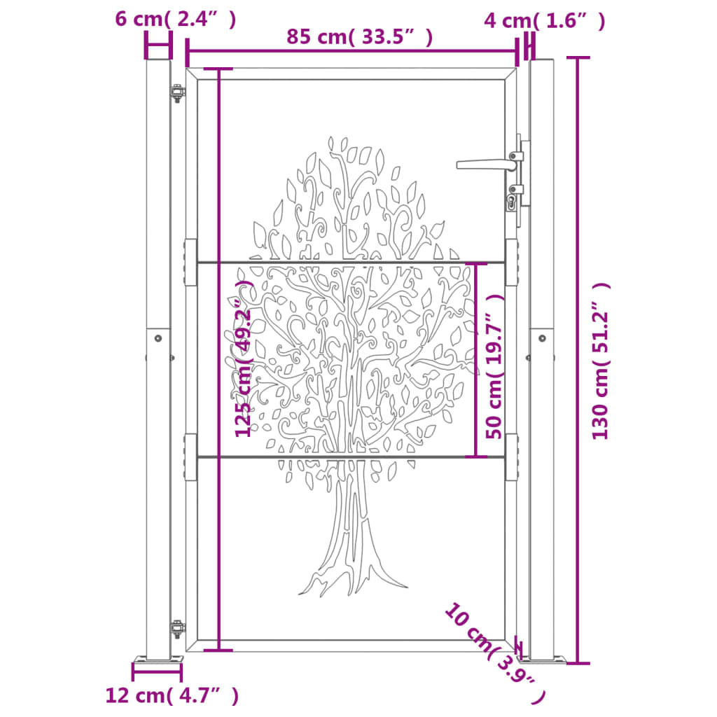 vidaXL Poartă pentru grădină, antracit, 105x130 cm, oțel, design copac