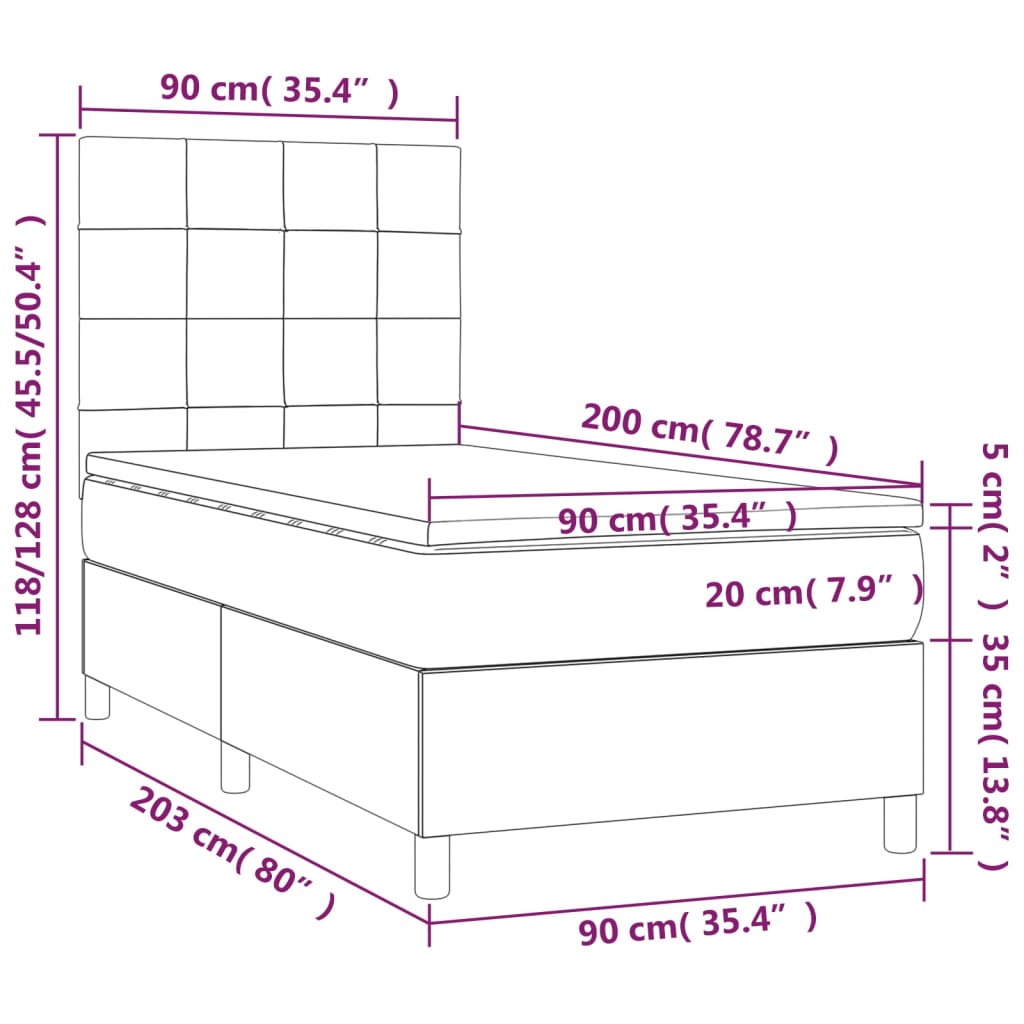 vidaXL Pat box spring cu saltea, gri deschis, 90x200 cm, textil