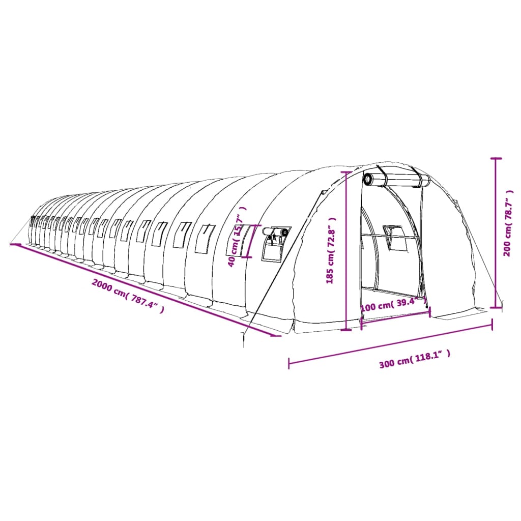 vidaXL Seră cu cadru din oțel, alb, 60 m², 20x3x2 m