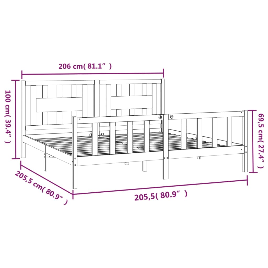 vidaXL Cadru de pat cu tăblie, gri, 200x200 cm, lemn masiv de pin