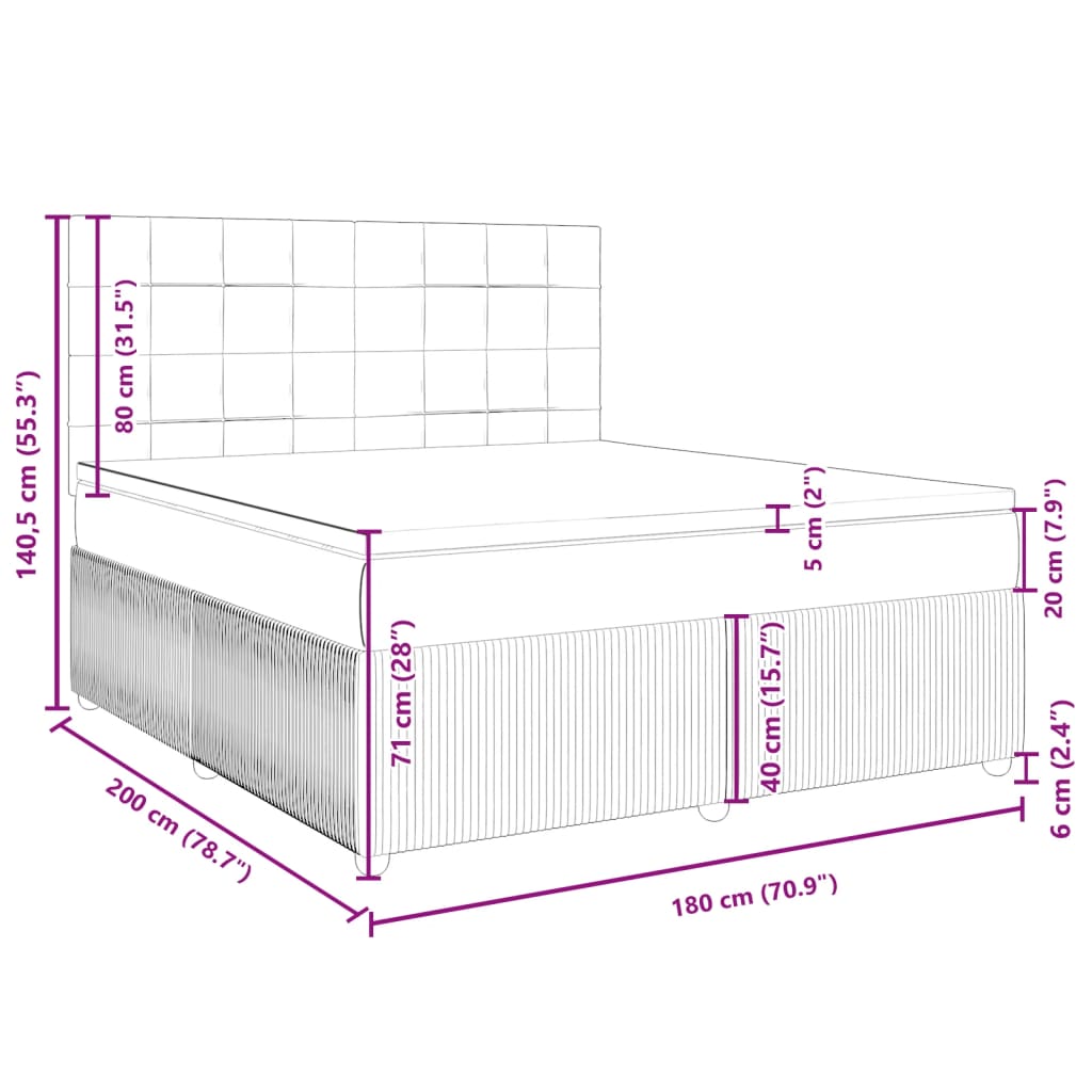 vidaXL Pat box spring cu saltea, gri deschis, 180x200 cm, catifea