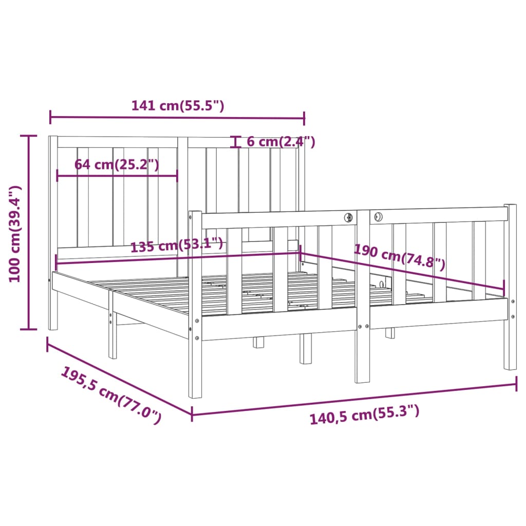 vidaXL Cadru de pat dublu, negru, 135x190 cm, lemn masiv