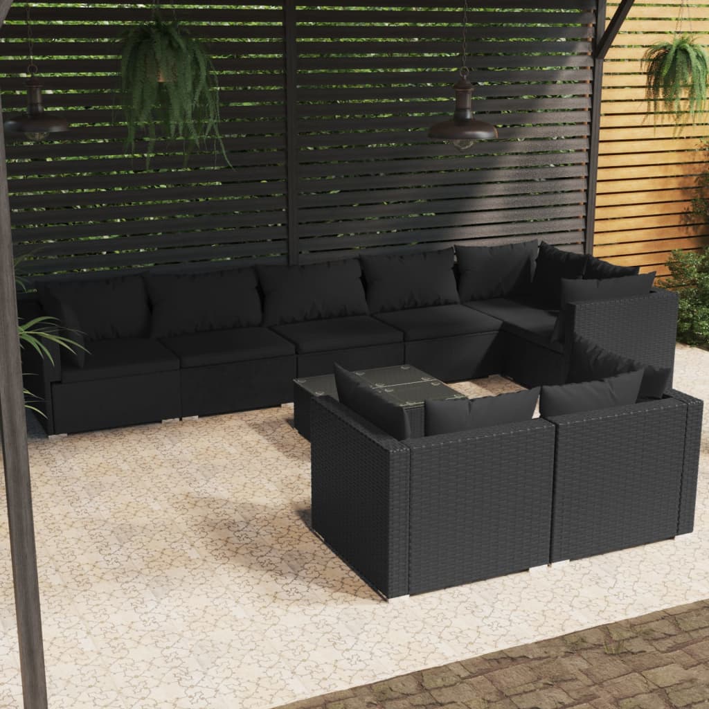 vidaXL Set mobilier de grădină cu perne, 9 piese, negru, poliratan