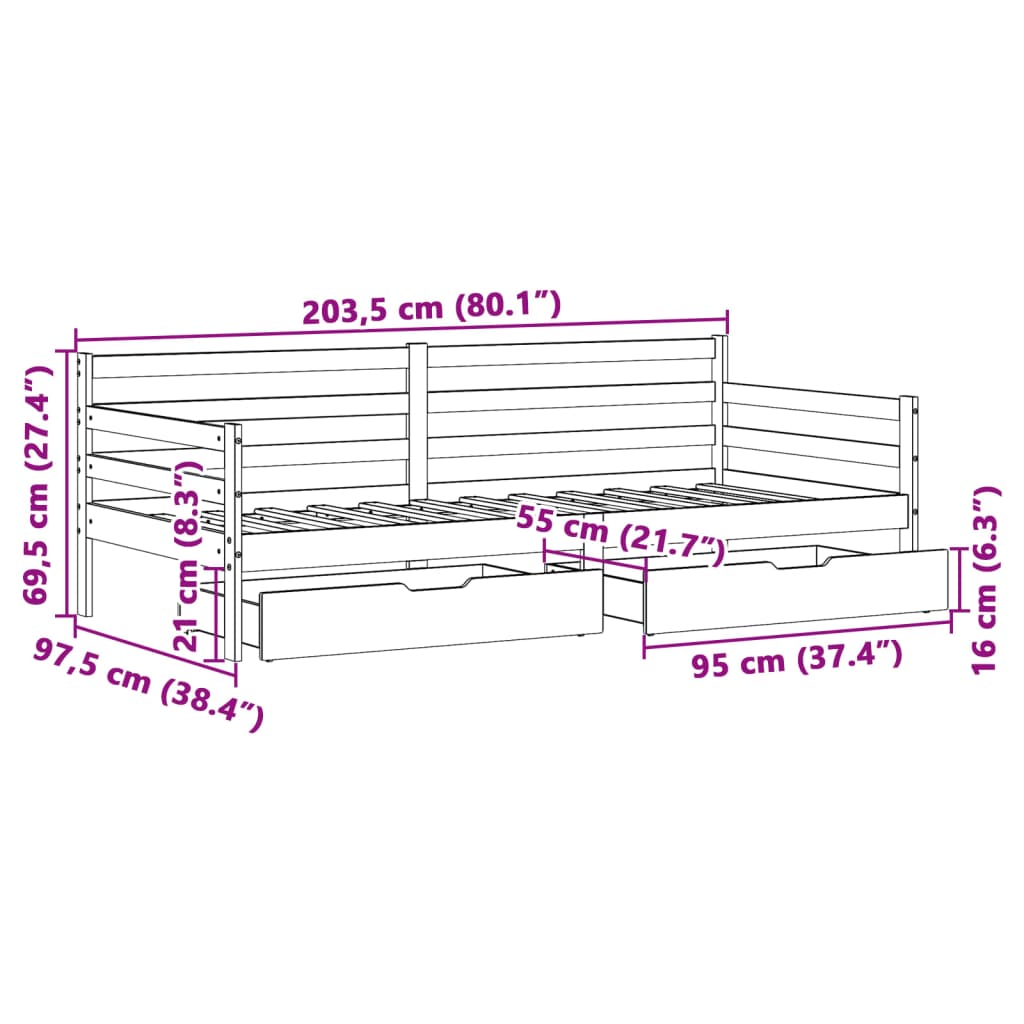 vidaXL Pat de zi cu sertare, 90x200 cm, lemn masiv pin