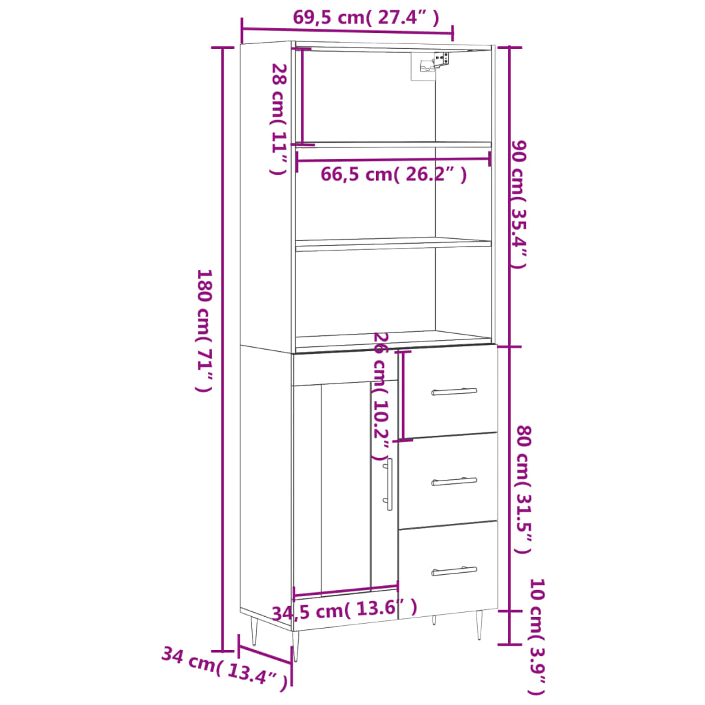 vidaXL Dulap înalt, stejar sonoma, 69,5x34x180 cm, lemn compozit