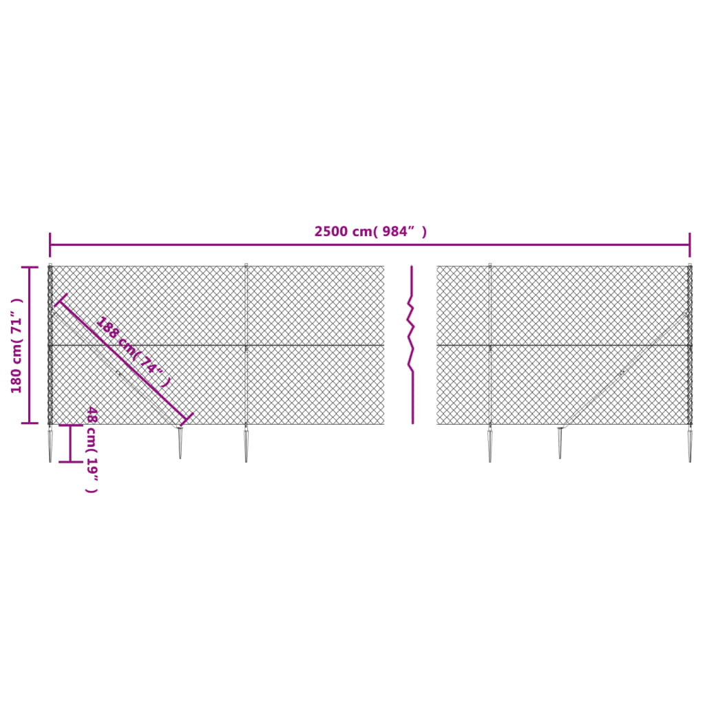 vidaXL Gard plasă de sârmă cu țăruși de fixare, argintiu, 1,8x25 m