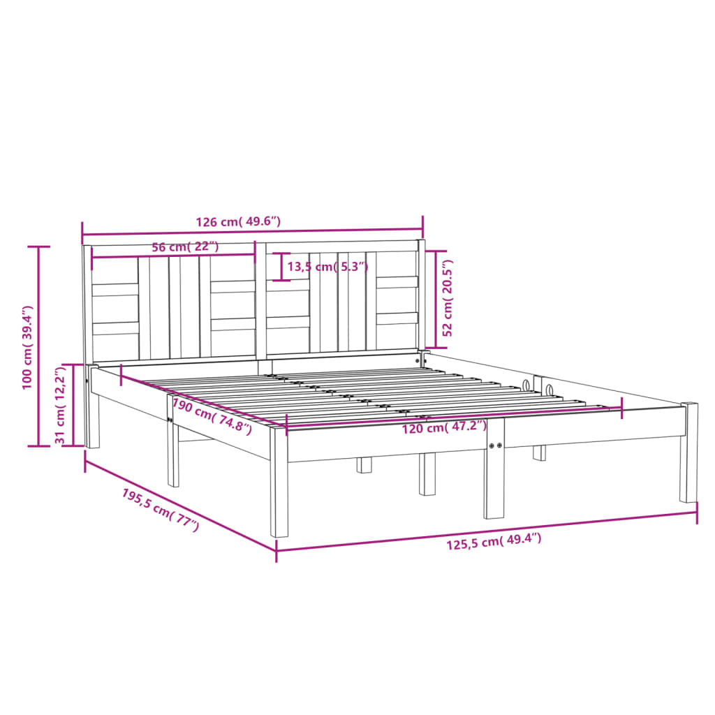 vidaXL Cadru de pat mic dublu, 120x190 cm, lemn masiv