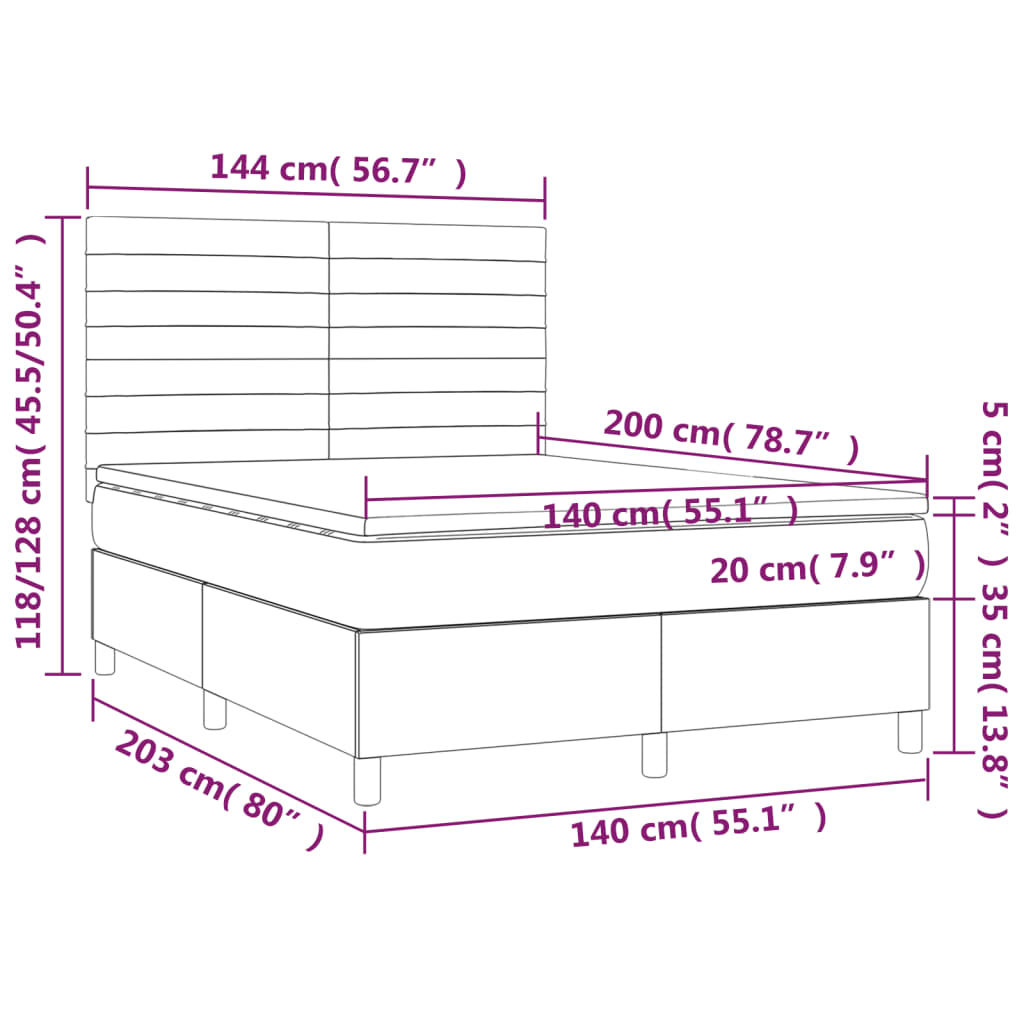 vidaXL Pat box spring cu saltea, gri închis, 140x200 cm, textil