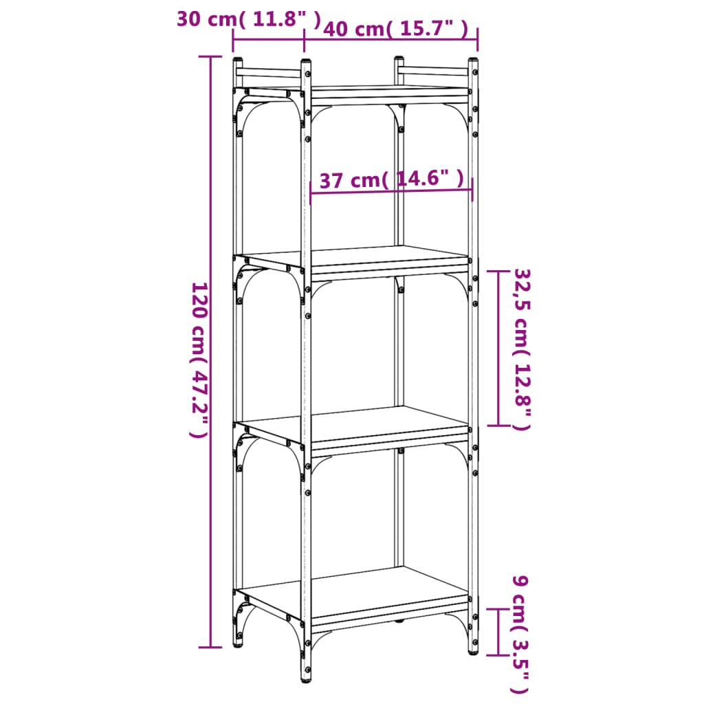 vidaXL Bibliotecă cu 4 niveluri gri sonoma 40x30x120 cm lemn prelucrat