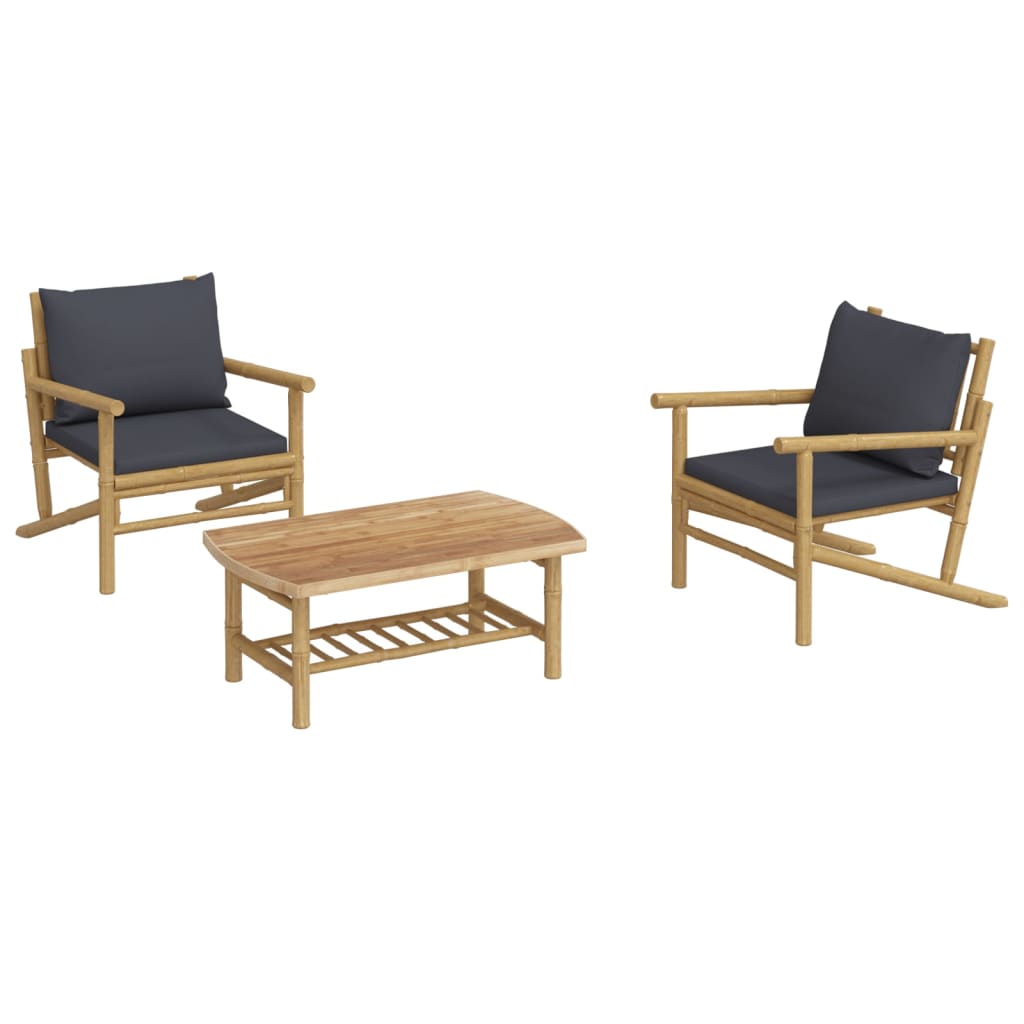 vidaXL Set mobilier de grădină, perne gri închis, 3 piese, bambus