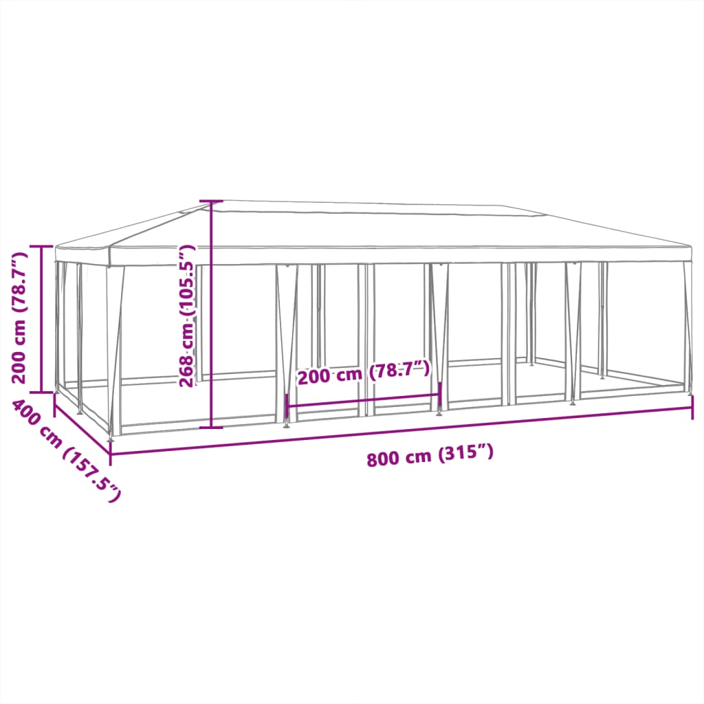 vidaXL Cort de petrecere cu 12 pereți din plasă, alb, 8x4 m, HDPE