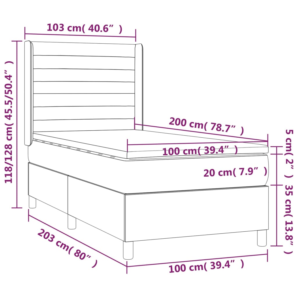 vidaXL Pat box spring cu saltea, gri deschis, 100x200 cm, catifea