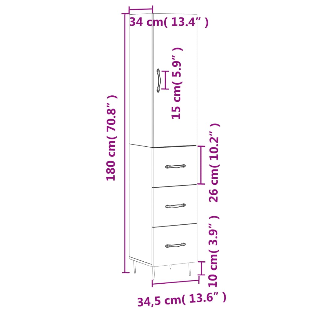 vidaXL Dulap înalt, alb extralucios, 34,5x34x180 cm, lemn prelucrat