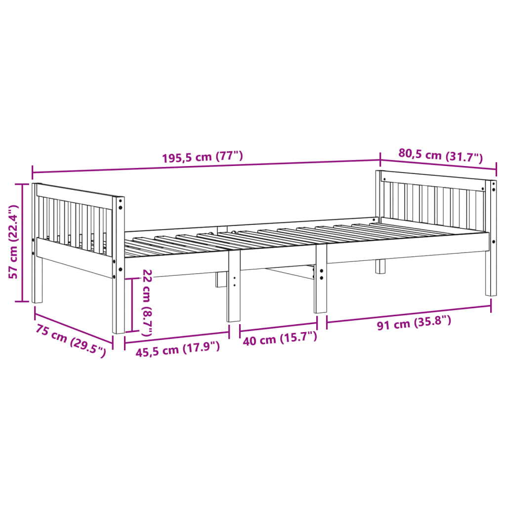 vidaXL Pat pentru copii fără saltea, alb, 75x190 cm, lemn masiv de pin