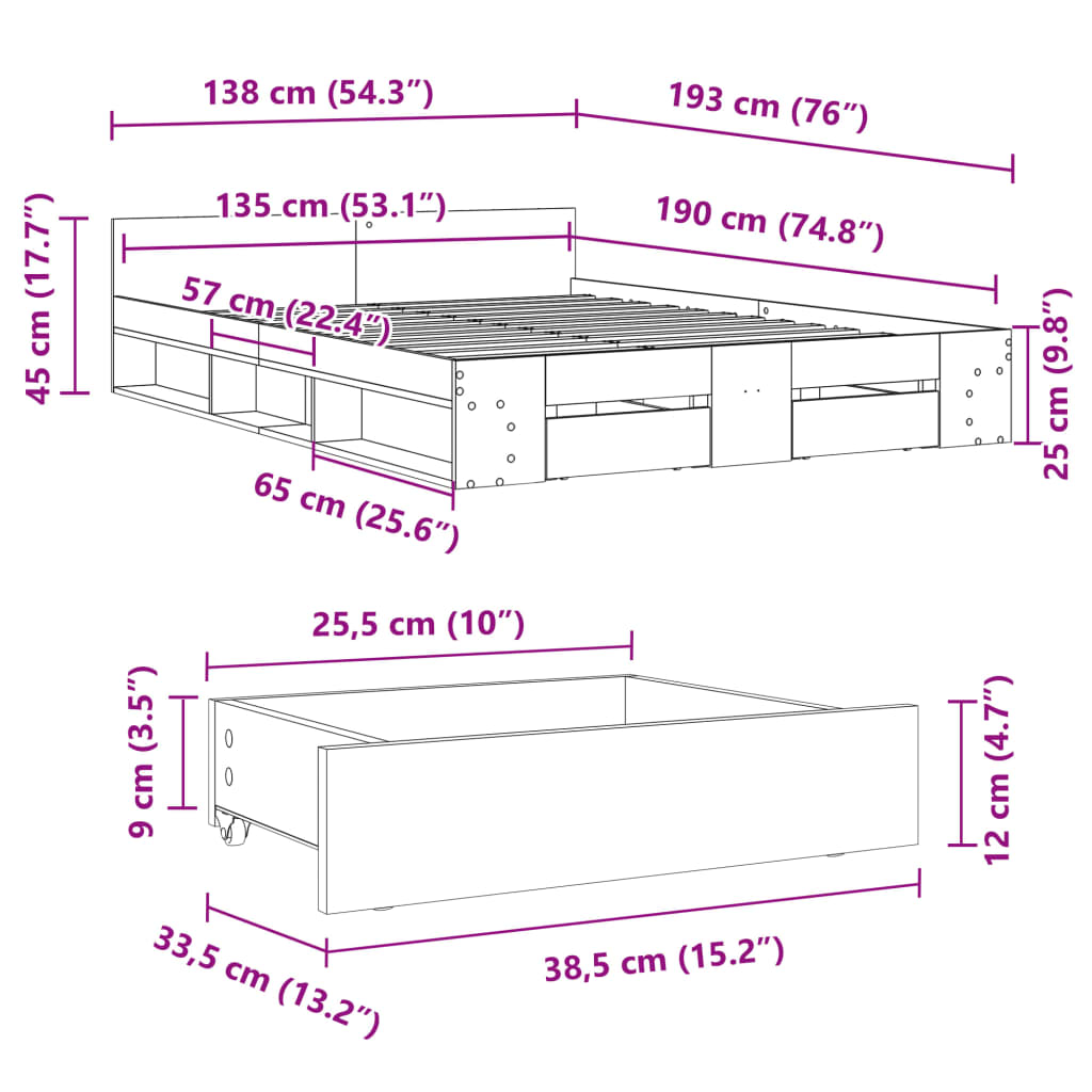 vidaXL Cadru de pat cu sertare, negru, 135x190 cm, lemn prelucrat