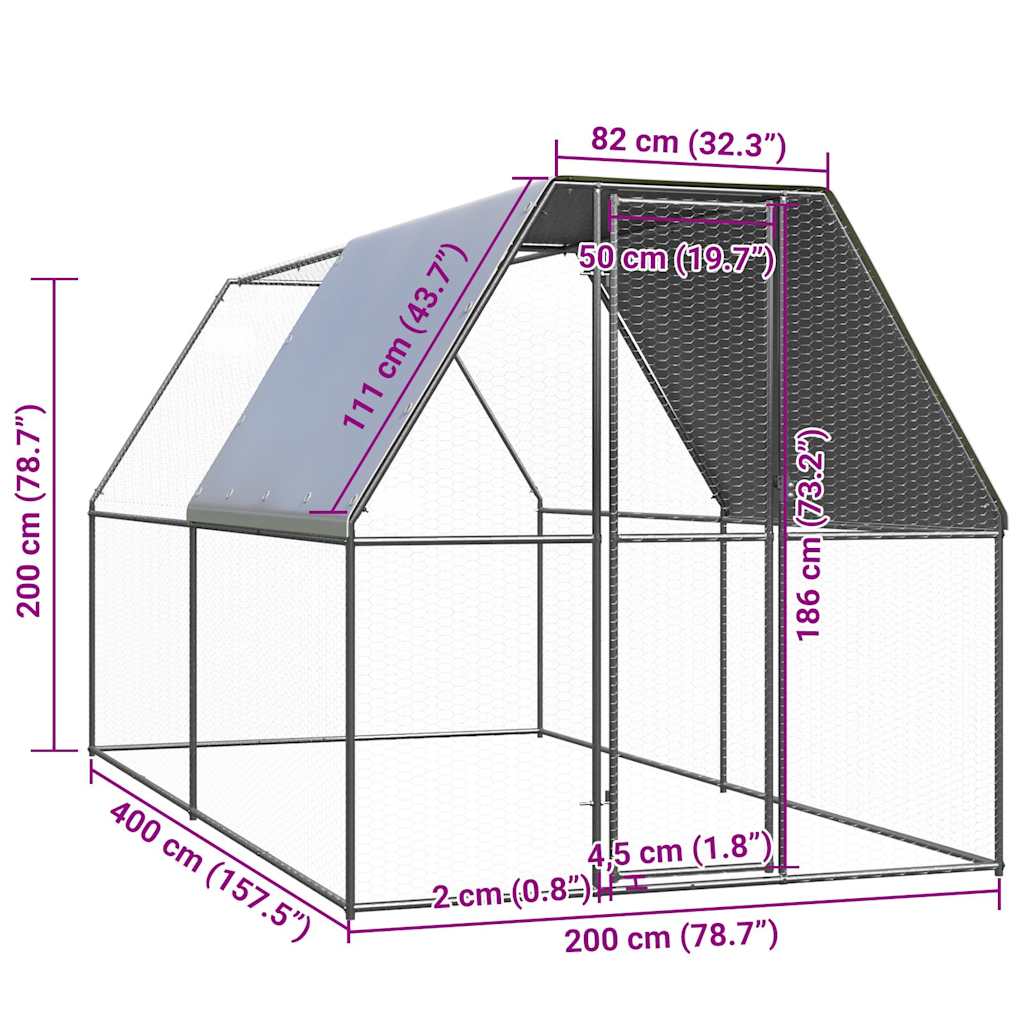 vidaXL Coteț de păsări, 2x4x2 m, oțel galvanizat