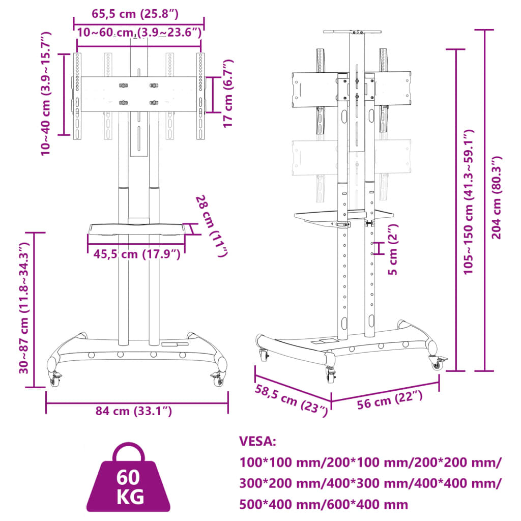 vidaXL Suport TV pe roți ecran de 32-70 inchi Max VESA 600x400 mm 60kg