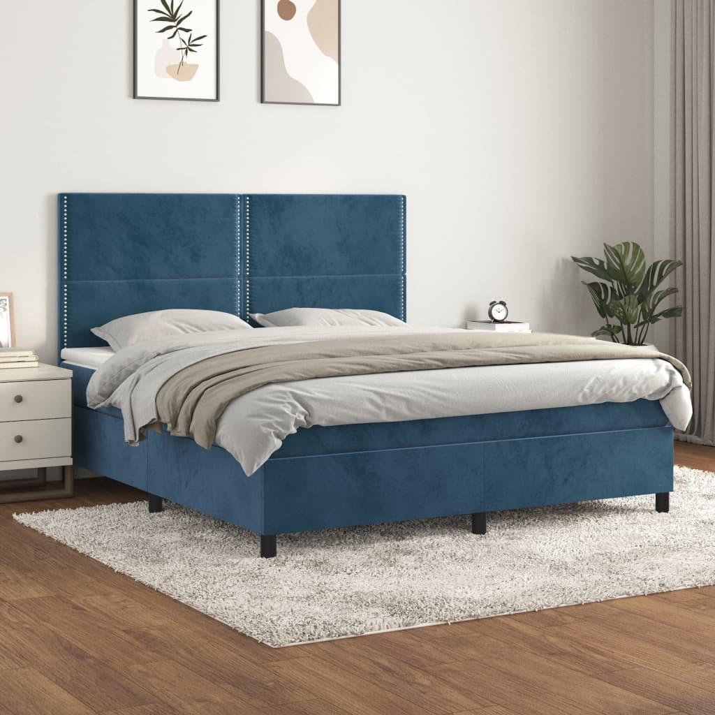 vidaXL Pat box spring cu saltea, albastru închis, 160x200 cm, catifea