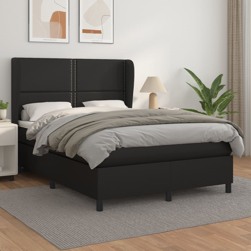 vidaXL Pat box spring cu saltea, negru, 140x200 cm, piele ecologică