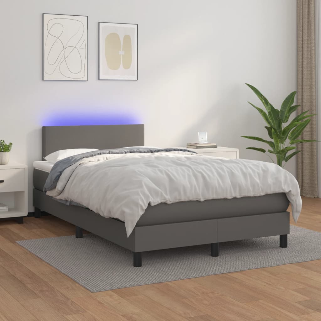 vidaXL Pat cu arcuri, cu saltea și LED, gri, 120x190 cm, piele eco