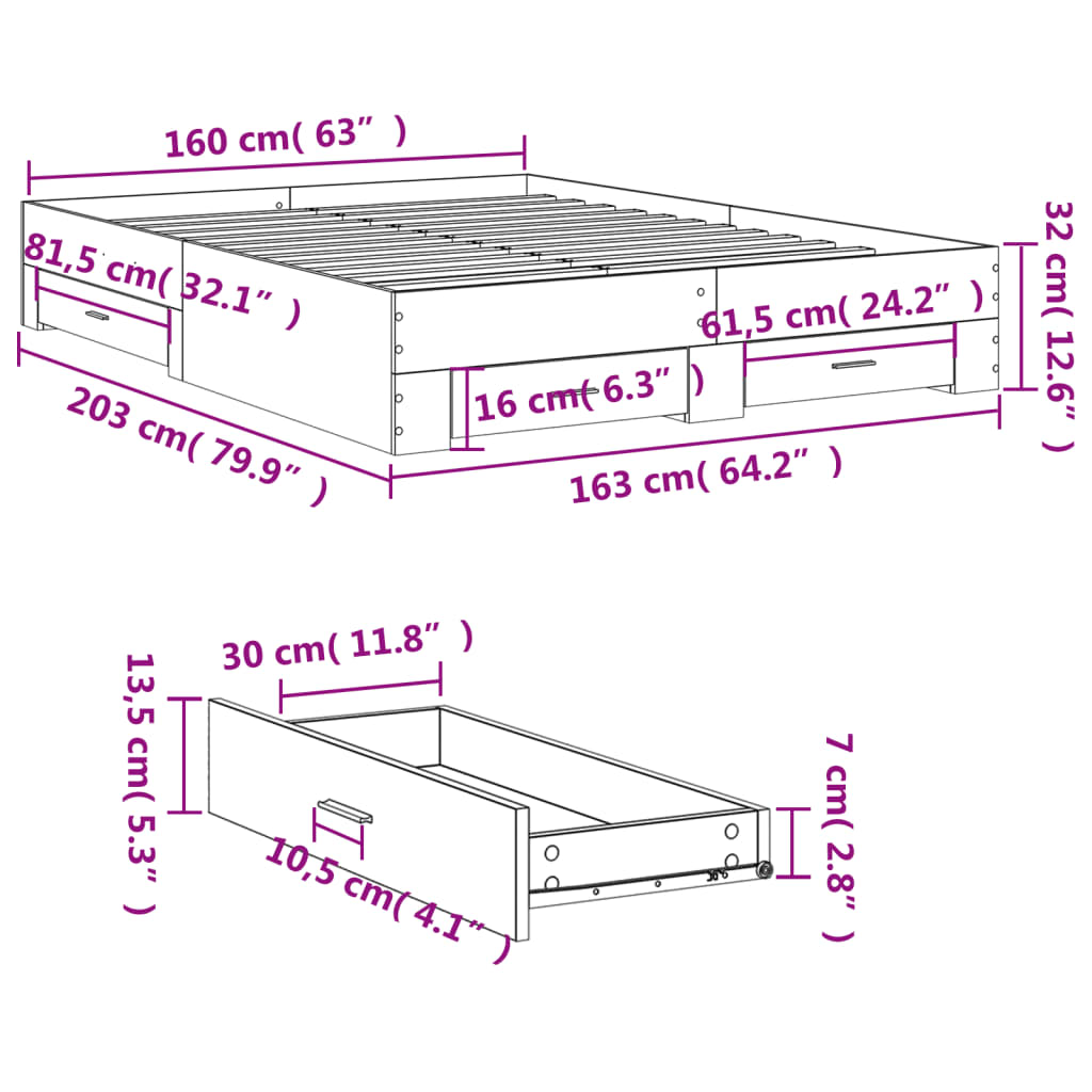 vidaXL Cadru de pat cu sertare, stejar maro, 160x200 cm lemn prelucrat