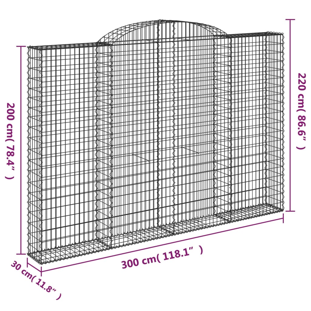 vidaXL Coș gabion arcuit, 300x30x200/220 cm, fier galvanizat