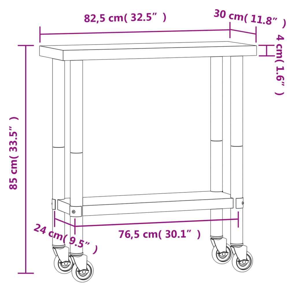 vidaXL Masă de lucru bucătărie cu roți, 82,5x30x85 cm, oțel inoxidabil