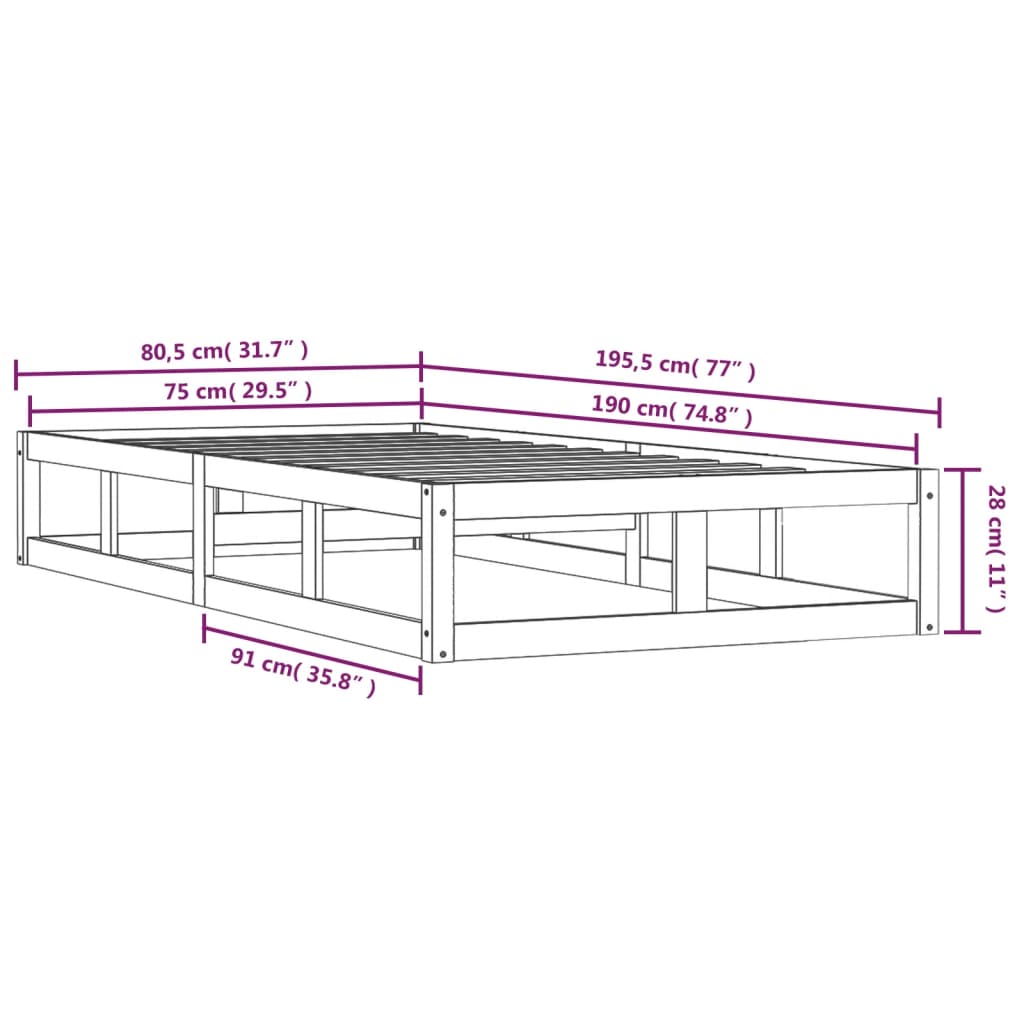 vidaXL Cadru de pat mic single, negru, 75x190 cm, lemn masiv