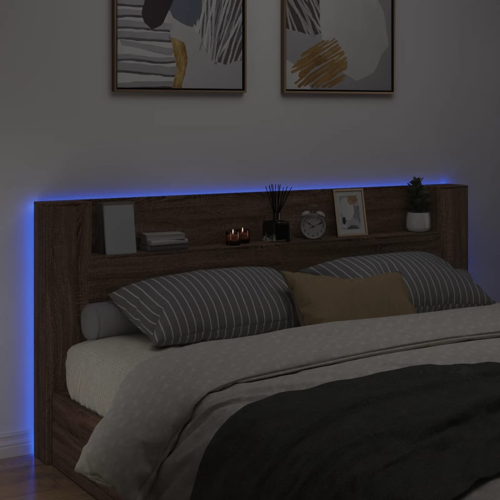 vidaXL Tăblie de pat cu dulap și LED, stejar maro, 220x16,5x103,5 cm