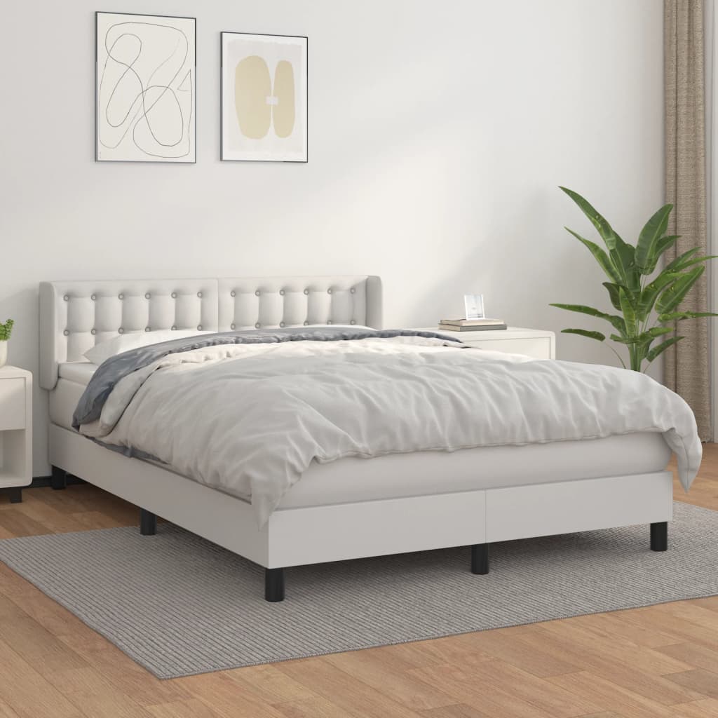 vidaXL Pat box spring cu saltea, alb, 140x200 cm, piele ecologică