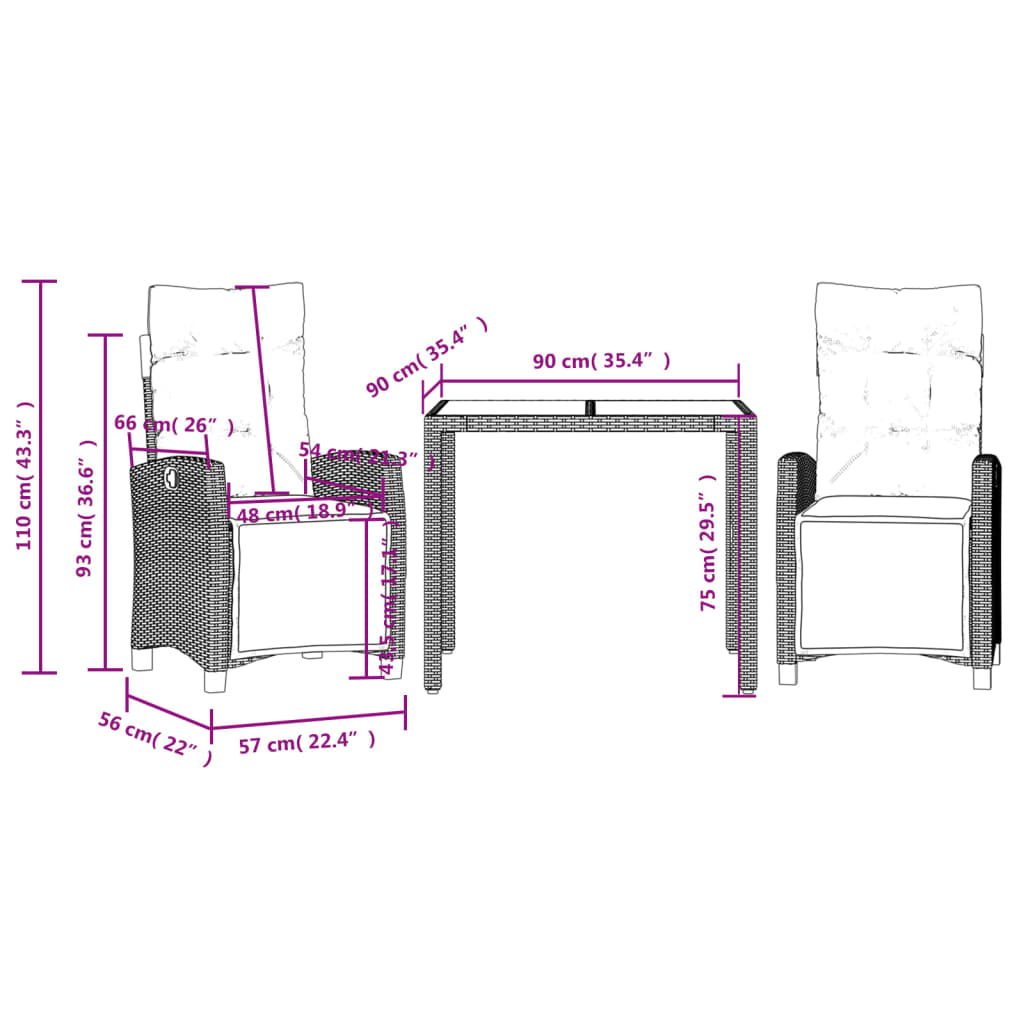 vidaXL Set mobilier de grădină cu perne, 3 piese, negru, poliratan