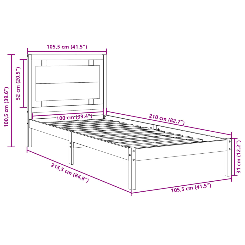 vidaXL Cadru pat foarte lung fără saltea, 100x210 cm, lemn masiv