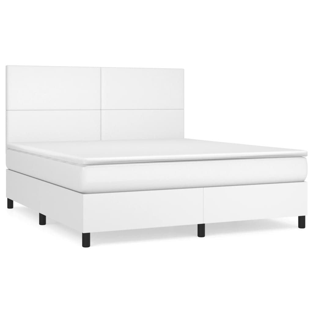 vidaXL Pat box spring cu saltea, alb, 180x200 cm, piele ecologică