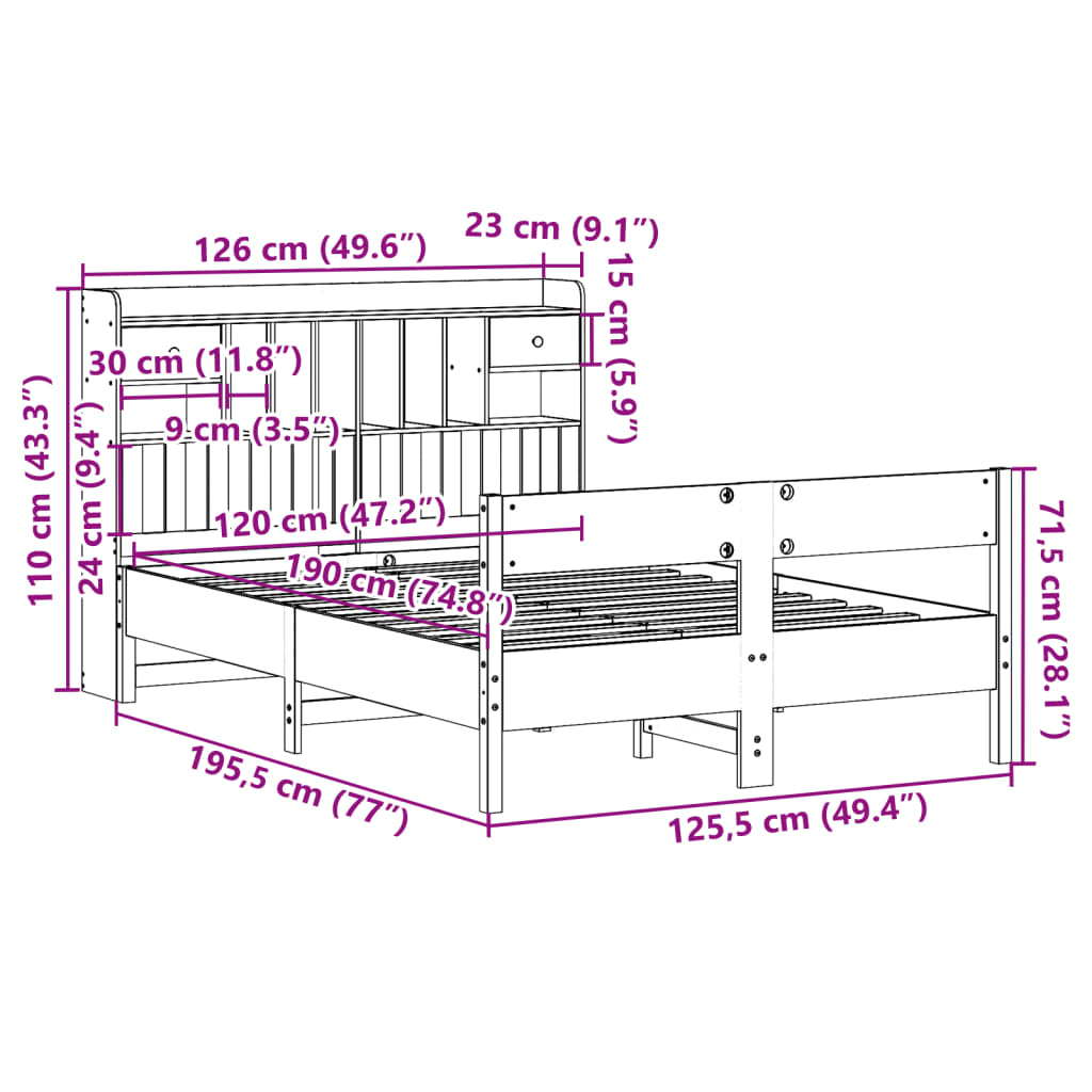 vidaXL Pat cu bibliotecă fără saltea, alb, 120x190 cm, lemn masiv pin