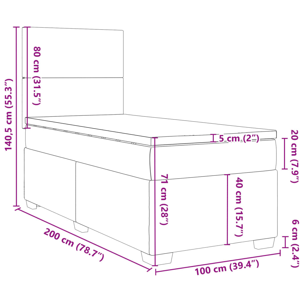 vidaXL Pat box spring cu saltea, gri deschis, 100x200 cm, catifea