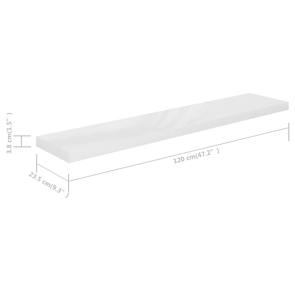 vidaXL Raft de perete suspendat, alb extralucios, 120x23,5x3,8 cm, MDF