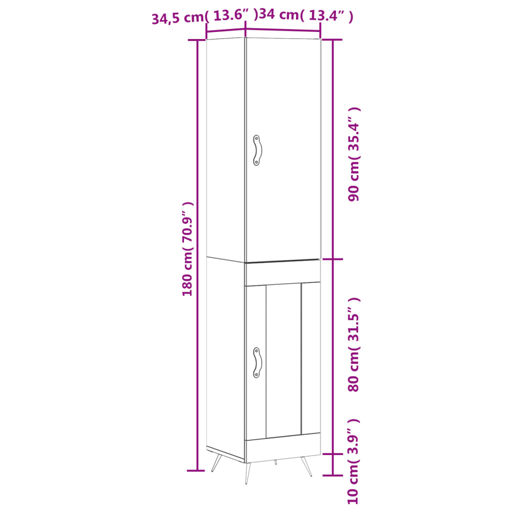 vidaXL Dulap înalt, alb extralucios, 34,5x34x180 cm, lemn prelucrat