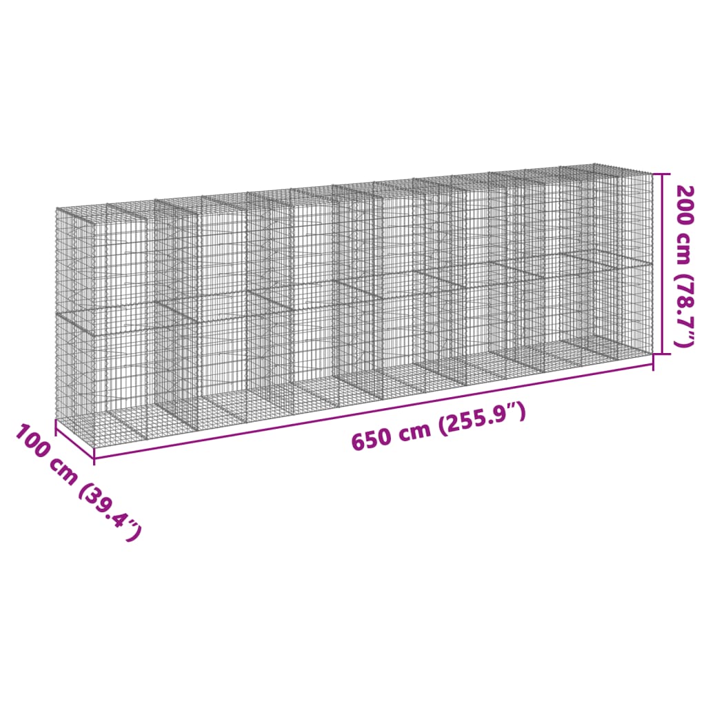 vidaXL Coș gabion cu capac, 650x100x200 cm, fier galvanizat