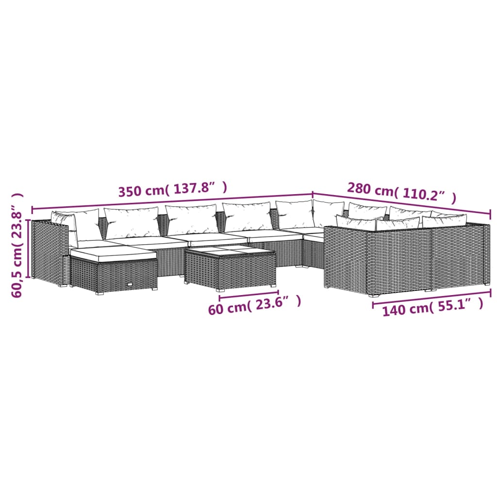 vidaXL Set mobilier de grădină cu perne, 11 piese, maro, poliratan