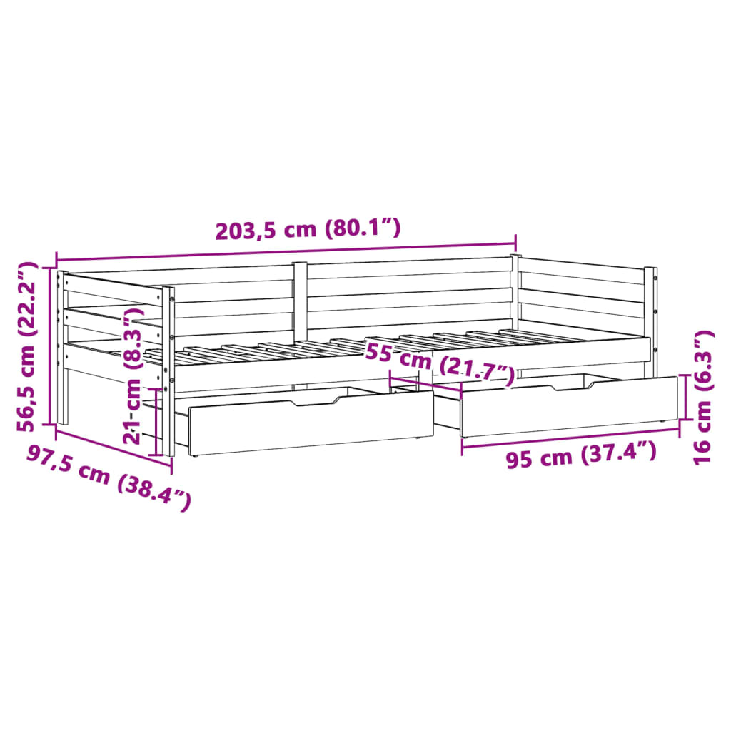 vidaXL Pat de zi cu sertare, alb, 90x200 cm, lemn masiv pin