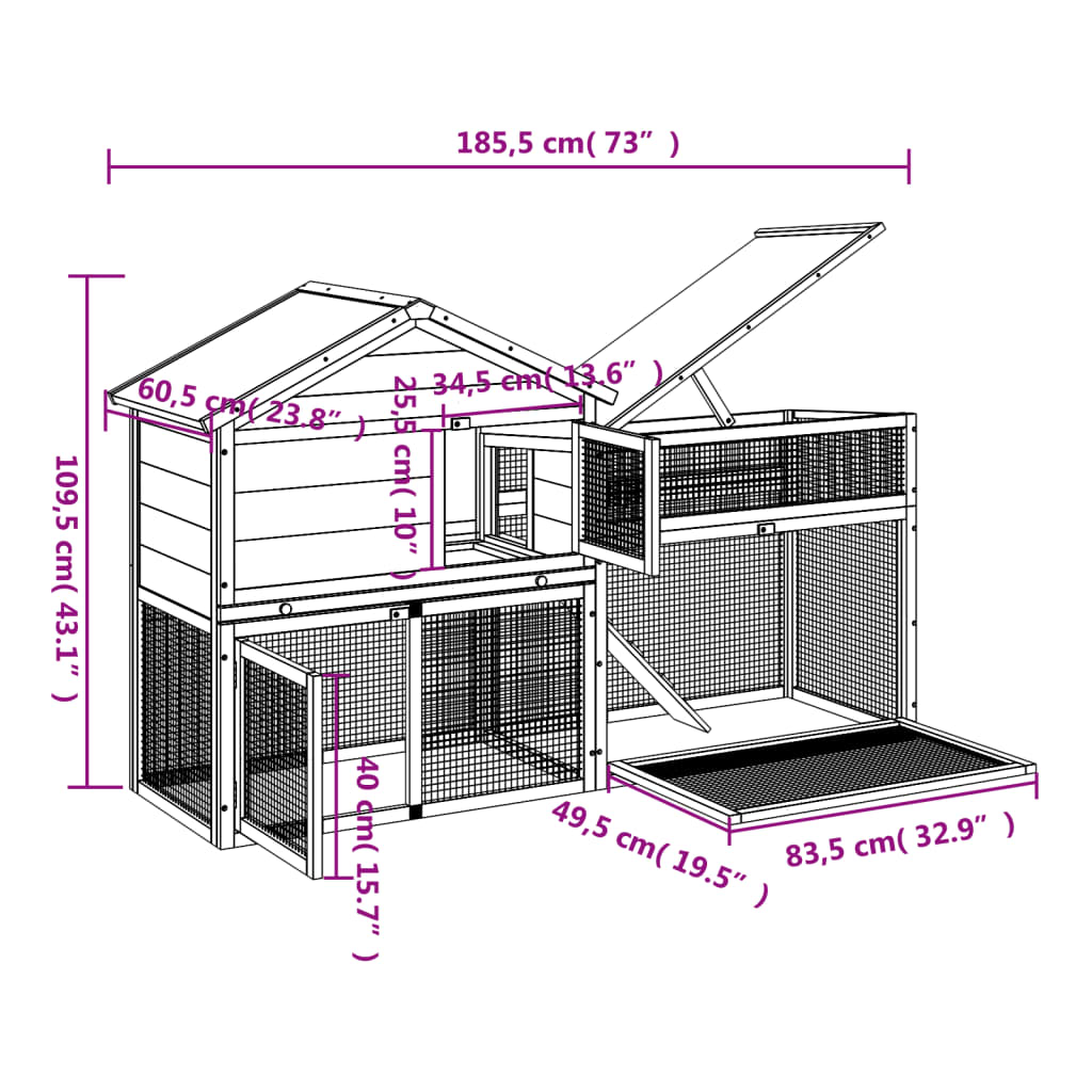 vidaXL Cușcă pentru iepuri roșu 185,5x60,5x109,5 cm lemn masiv de pin