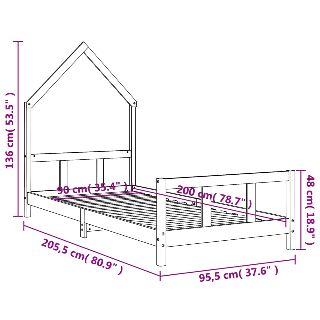 vidaXL Cadru pat pentru copii, negru, 90x200 cm, lemn masiv de pin