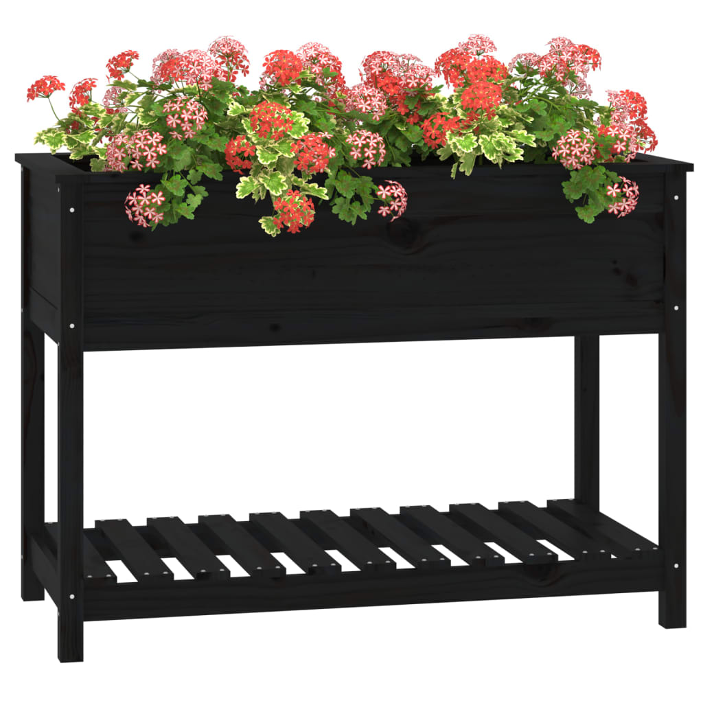 vidaXL Jardinieră cu raft, negru, 111,5x54x81 cm, lemn masiv de pin