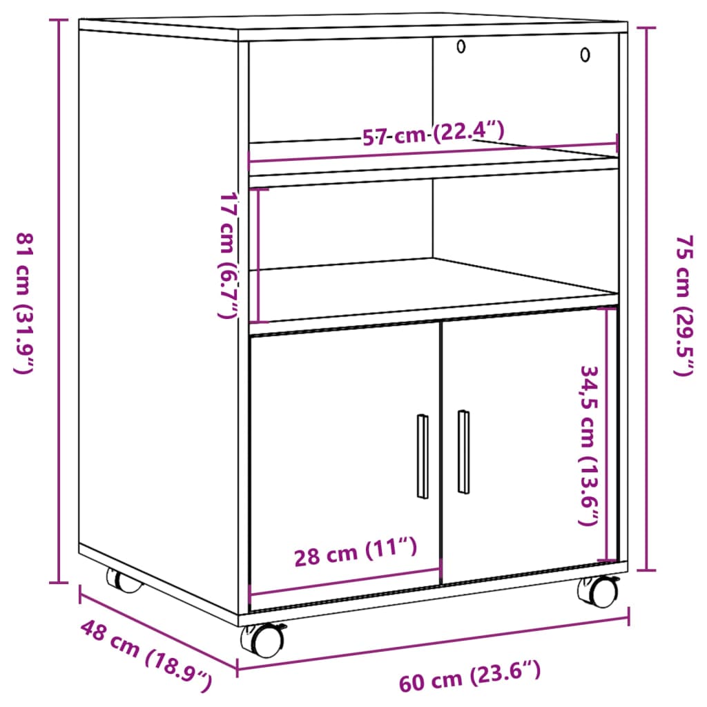 vidaXL Dulap cu roți, stejar sonoma, 60x48x81 cm, lemn prelucrat