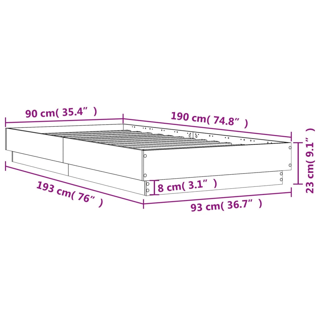 vidaXL Cadru de pat cu lumini LED, gri beton, 90x190 cm