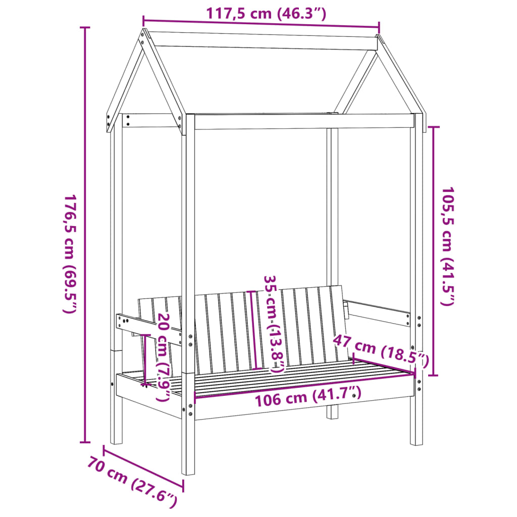 vidaXL Banchetă cu acoperiș, alb, 117,5x70x176,5 cm, lemn masiv pin