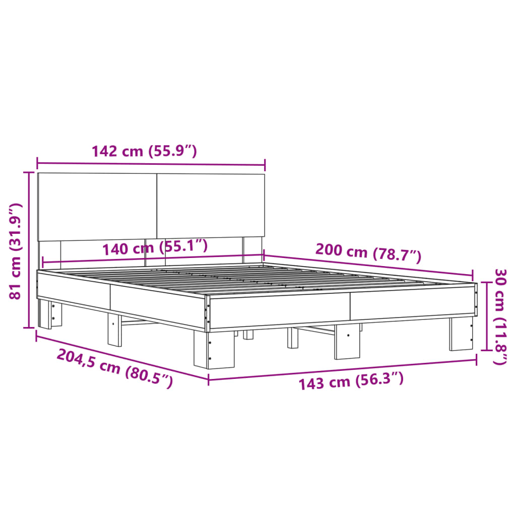 vidaXL Cadru de pat, stejar maro, 140x200 cm, lemn prelucrat și metal