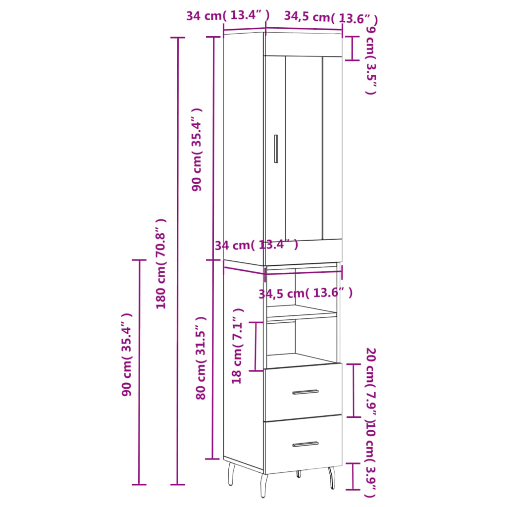 vidaXL Dulap înalt, stejar maro, 34,5x34x180 cm, lemn prelucrat