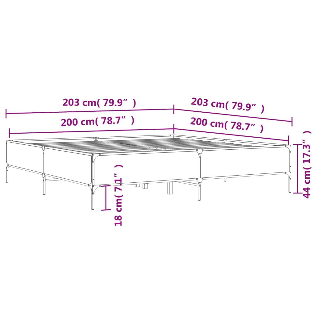 vidaXL Cadru de pat, stejar fumuriu 200x200 cm lemn prelucrat și metal