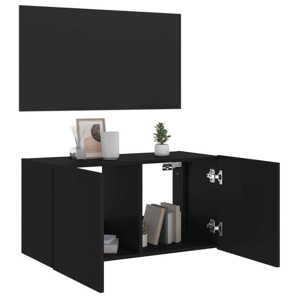 vidaXL Comodă TV de perete cu lumini LED, negru, 80x35x41 cm